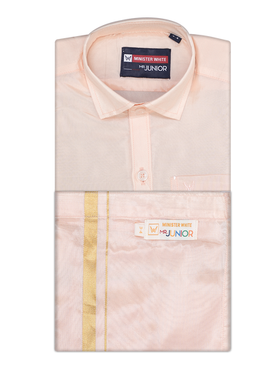 Boys Light Peach Matching Art Silk Shirt and Flexi Dhoti Combo Poppins by Minister White