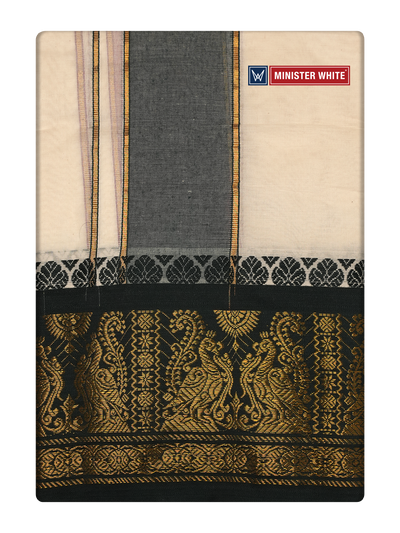 Men's Kora Cotton 7" Myilkhan Border Panchakacham & Angavastram Set Nexa by Minister White