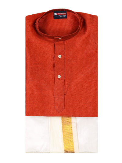 Boys Red Colour Kurtha with Gold Jari Panchakacham Combo Chitrang by Minister White