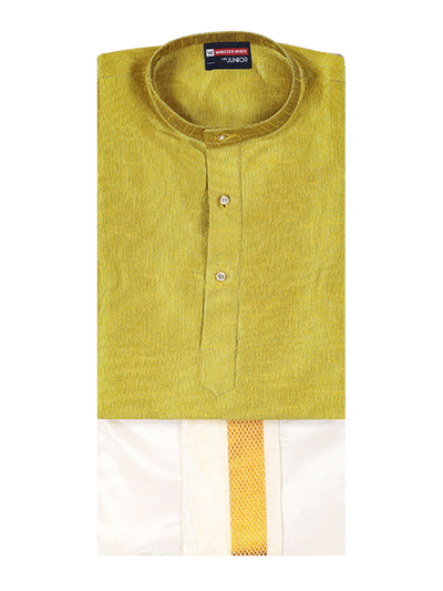 Boys Light Green Colour Kurtha with Gold Jari Panchakacham Combo Chitrang by Minister White