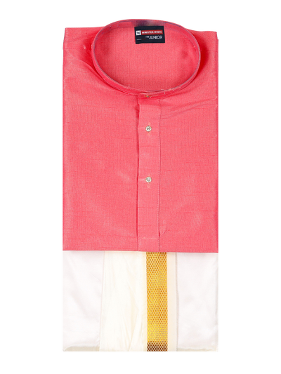Boys Pink Colour Kurtha with Gold Jari Panchakacham Combo Chitrang by Minister White