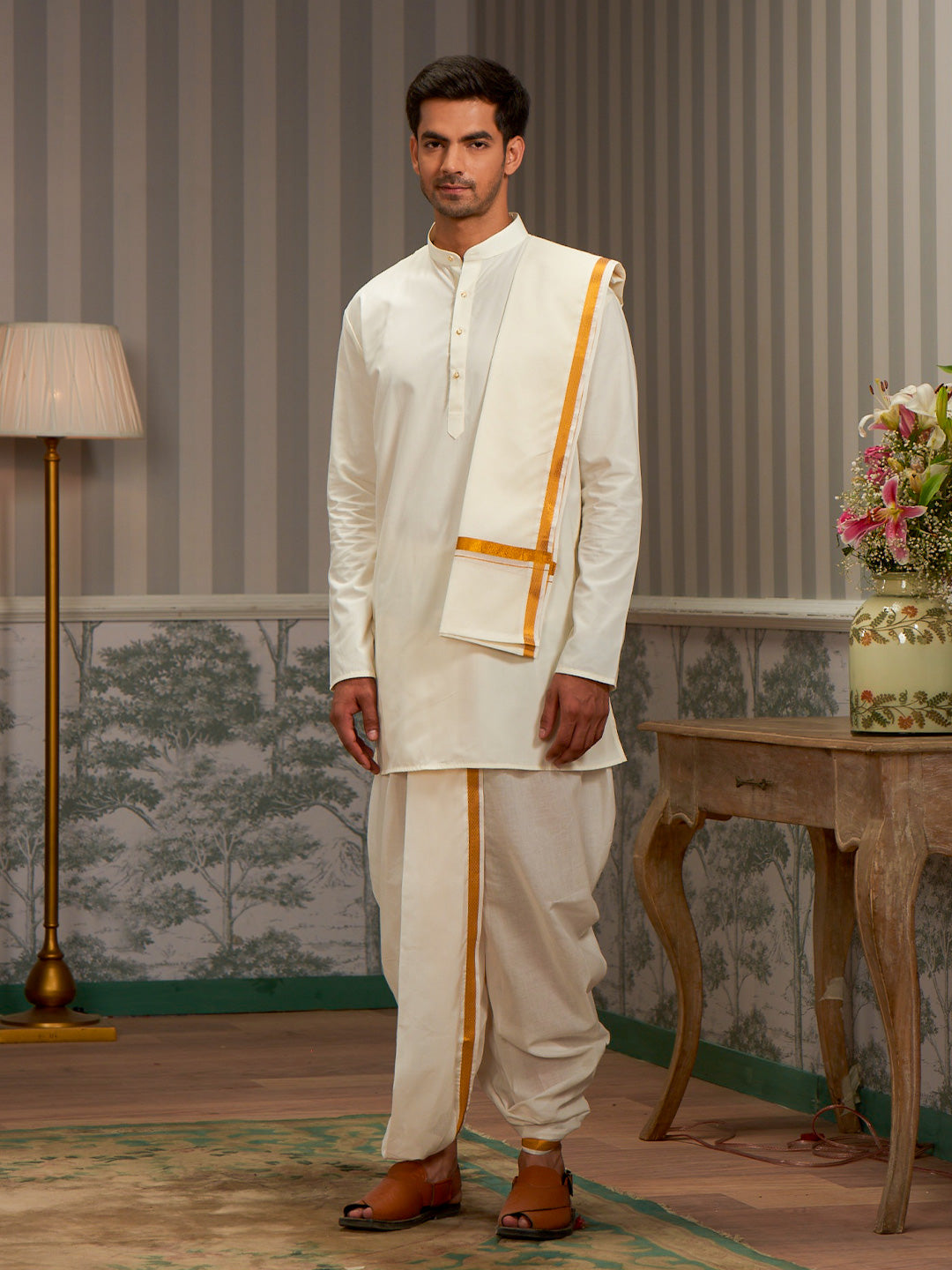 Mens Cotton Cream Kurta with 1/2" Gold Jari Panchakacham Angavastram Combo