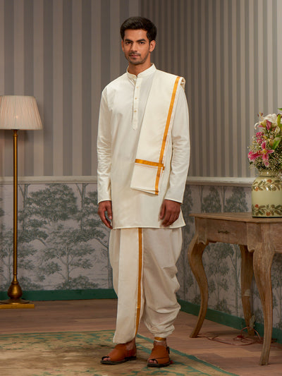 Mens Cotton Cream Kurta with 1/2" Gold Jari Panchakacham Angavastram Combo