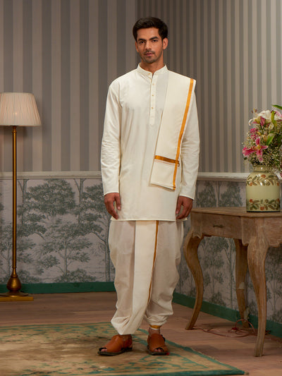 Mens Cotton Regular Fit Kurta Cream with 2" Gold Jari Panchakacham & Angavastram