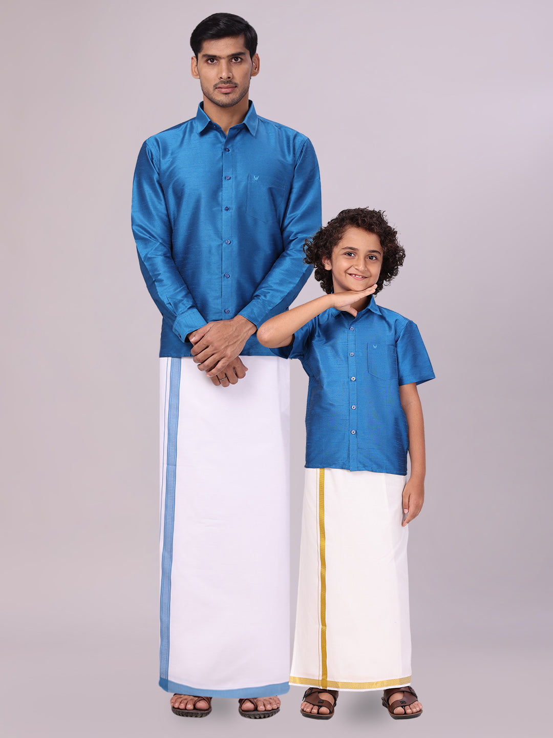 Matching Father & Son Dupion Satin Blue Shirt with Dhoti Combo