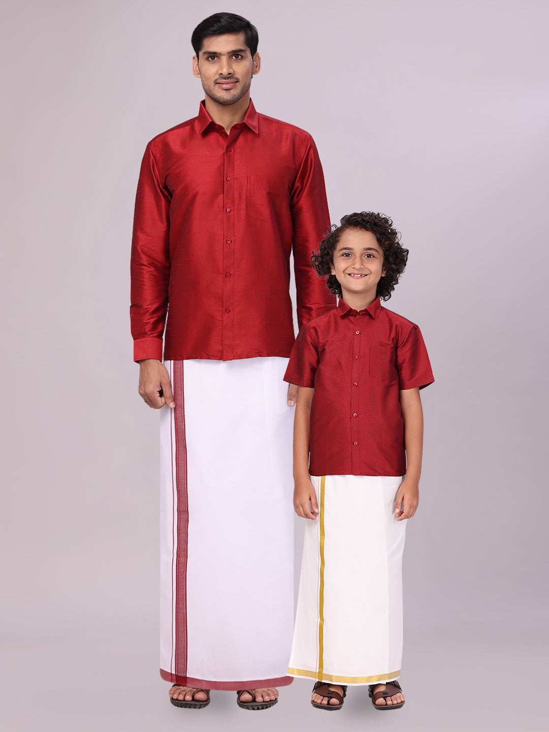 Matching Father & Son Dupion Satin Maroon Shirt with Dhoti Combo