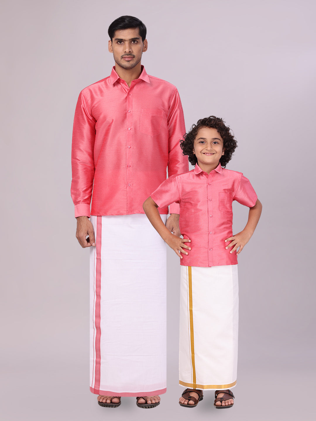 Matching Father & Son Dupion Satin Pink Shirt with Dhoti Combo