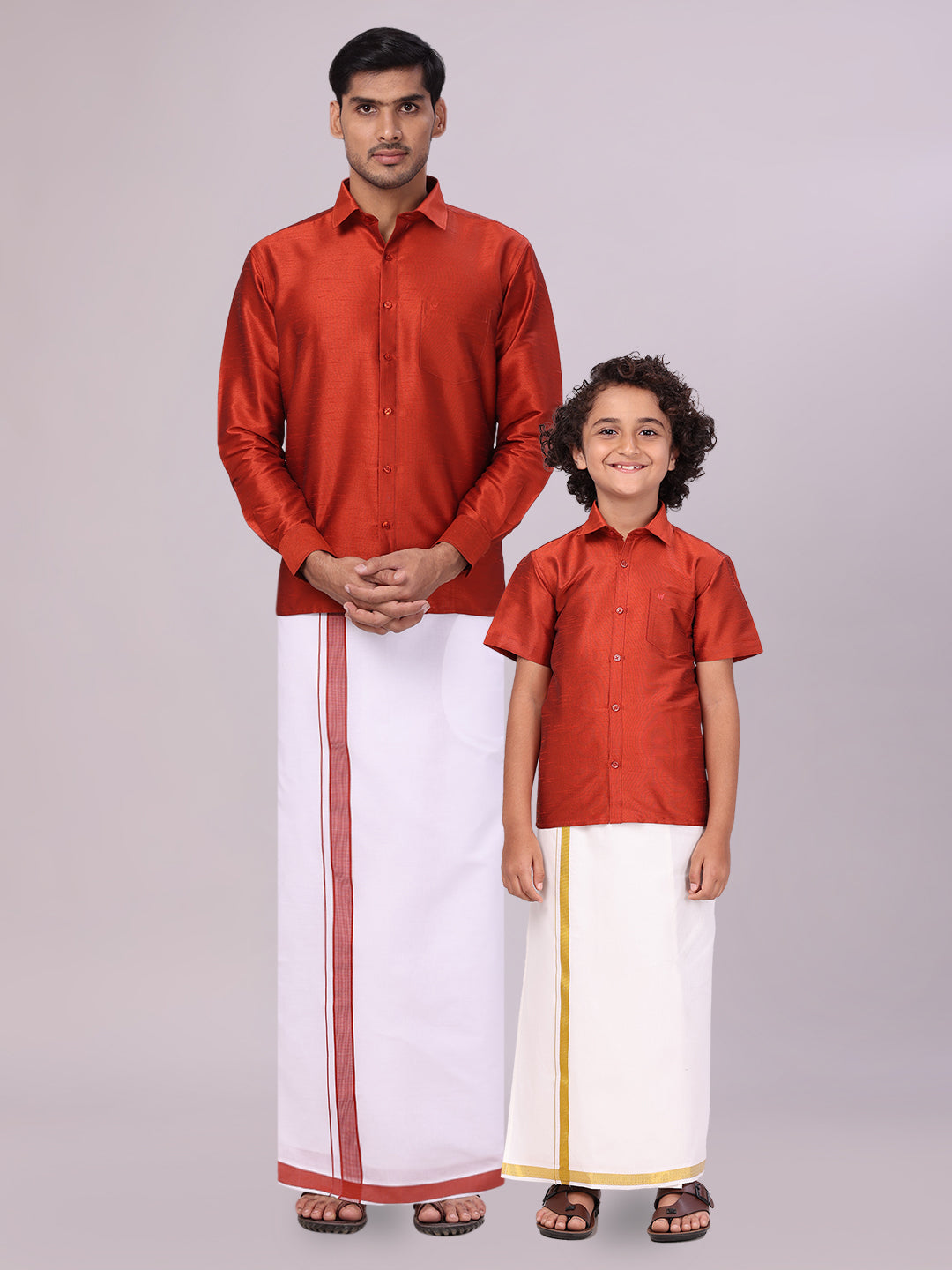 Matching Father & Son Dupion Satin Red Shirt with Dhoti Combo