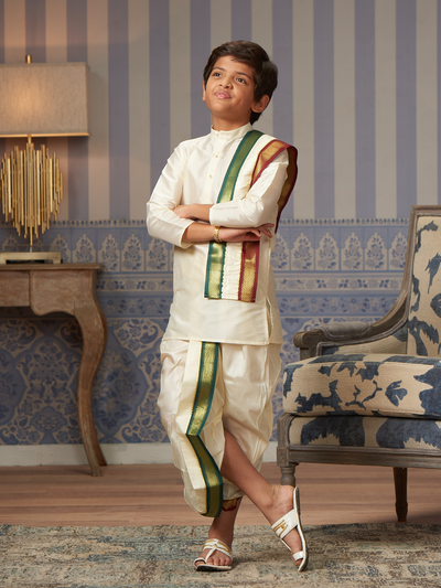 Boys Art Silk Cream Kurta Readymade Mayilkhan Border Panchakacham Towel Combo Zale