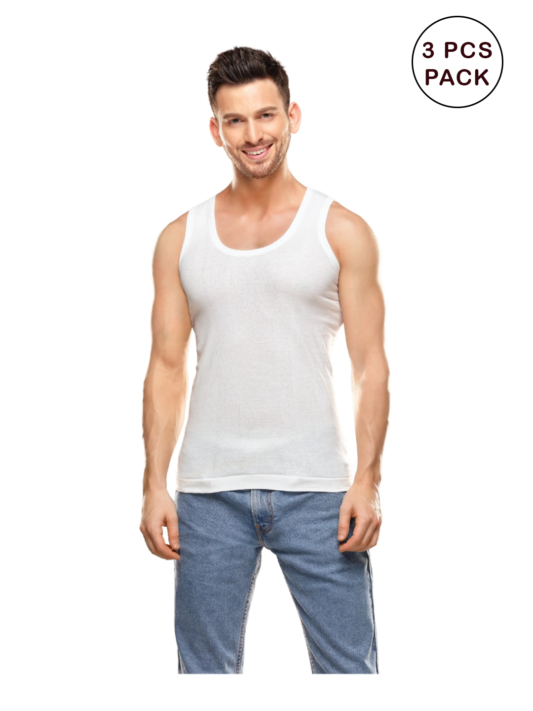 Men's 3pcs Super Combed Cotton White Vest Hunter RN