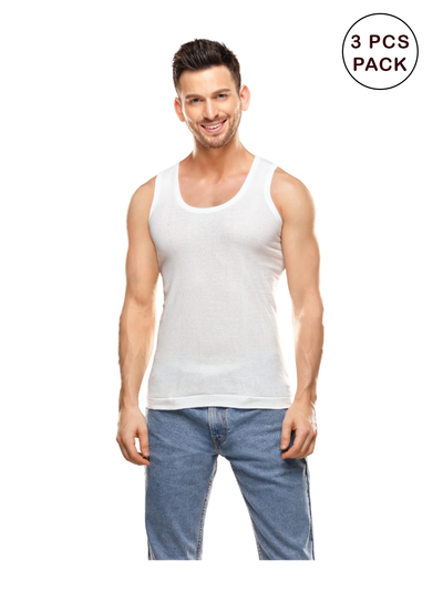 Men's 3pcs Super Combed Cotton White Vest Hunter RN