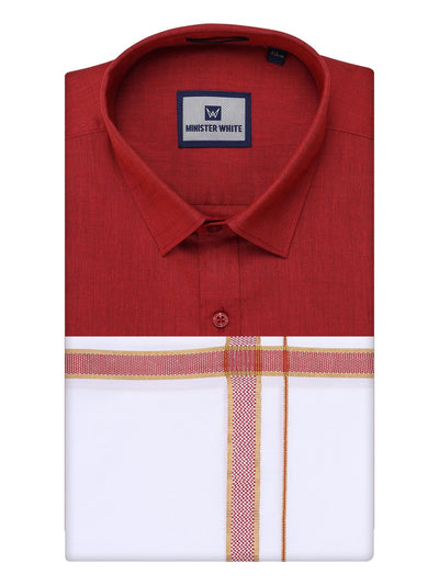 Men's Crimson Red Shirt with Matching Border Dhoti Combo Pinto