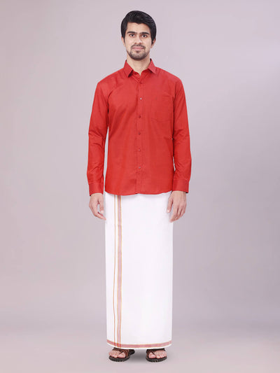 Men's Crimson Red Shirt with Matching Border Dhoti Combo Pinto