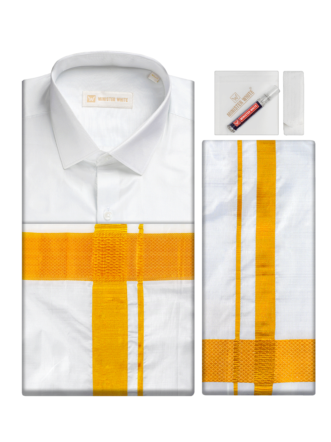 Men's Pure Silk Wedding White Shirt, Dhoti, Nerial with Belt Combo - Nesam 120K