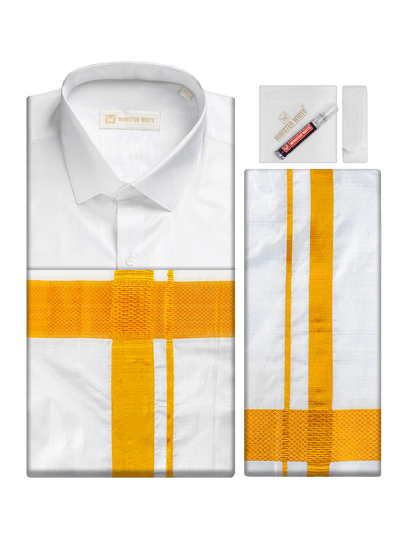 Men's Pure Silk Wedding White Shirt, Dhoti, Nerial with Belt Combo - Nesam 120K