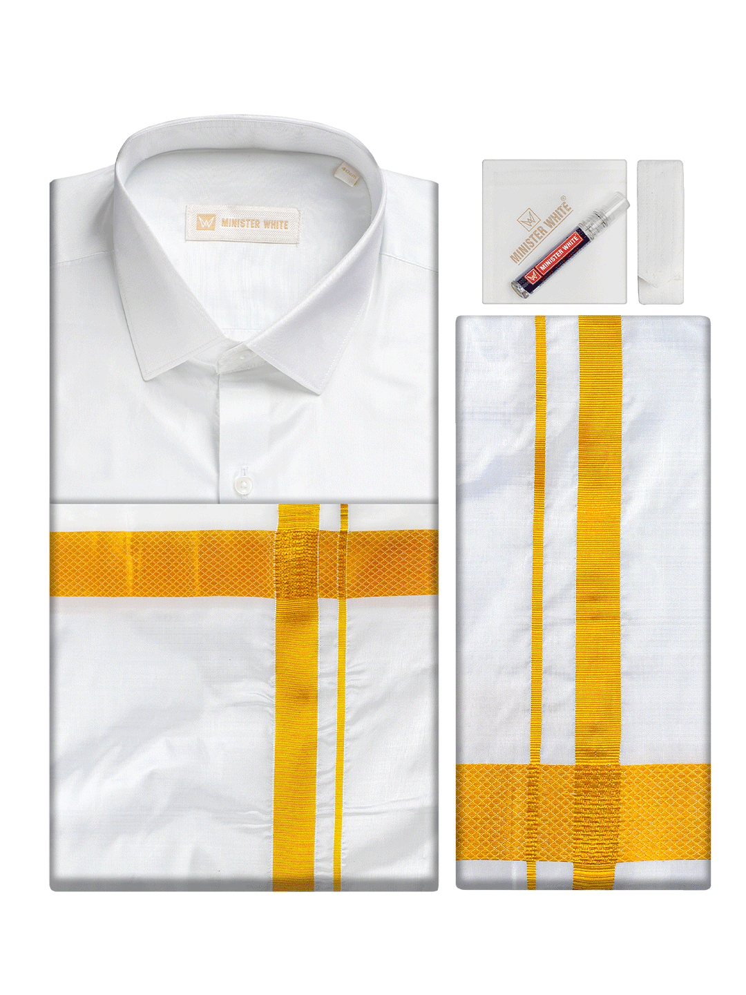 Men's Pure Silk Wedding White Shirt, Dhoti, Nerial with Belt Combo - Nesam 80K