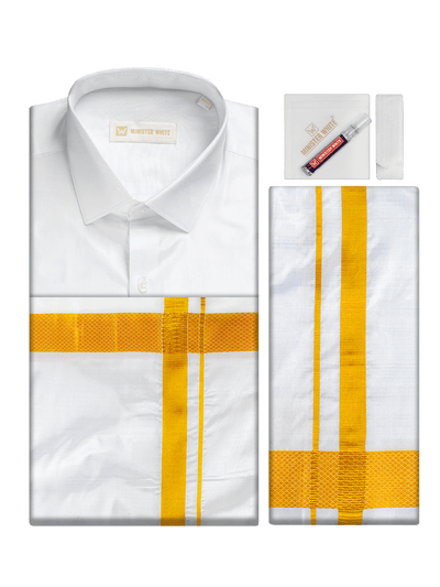 Men's Pure Silk Wedding White Shirt, Dhoti, Nerial with Belt Combo - Nesam 80K