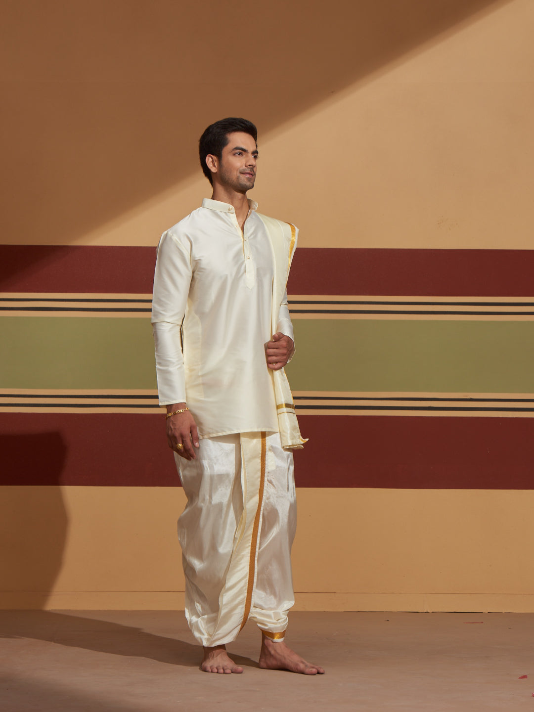 Mens Art Silk Cream Kurta Panchakacham Towel Gold Jari Border by Minister White