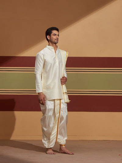 Mens Art Silk Cream Kurta Panchakacham Towel Gold Jari Border by Minister White