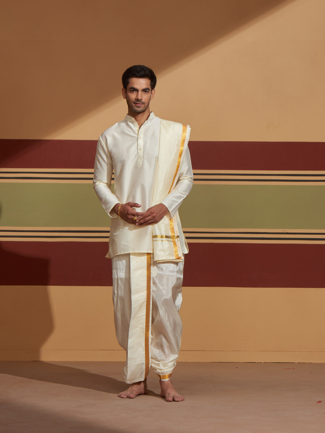 Mens Art Silk Cream Kurta Panchakacham Towel Gold Jari Border Combo by Minister White
