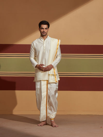 Mens Art Silk Cream Kurta Panchakacham Towel Gold Jari Border Combo by Minister White