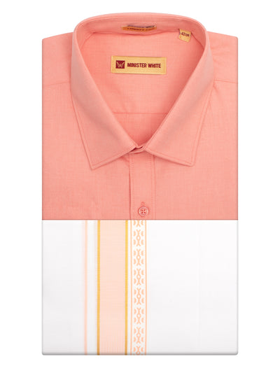 Men's Peach Color Shirt with Matching Fancy Printed Border Dhoti Combo Casper Trends