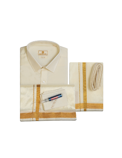 Mens Art Silk Wedding Cream Shirt, Dhoti, Nerial with Belt Combo - Boopalan Cream
