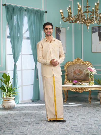 Mens Tissue Gold Colour Dhoti Shirt Wedding Combo Maverik