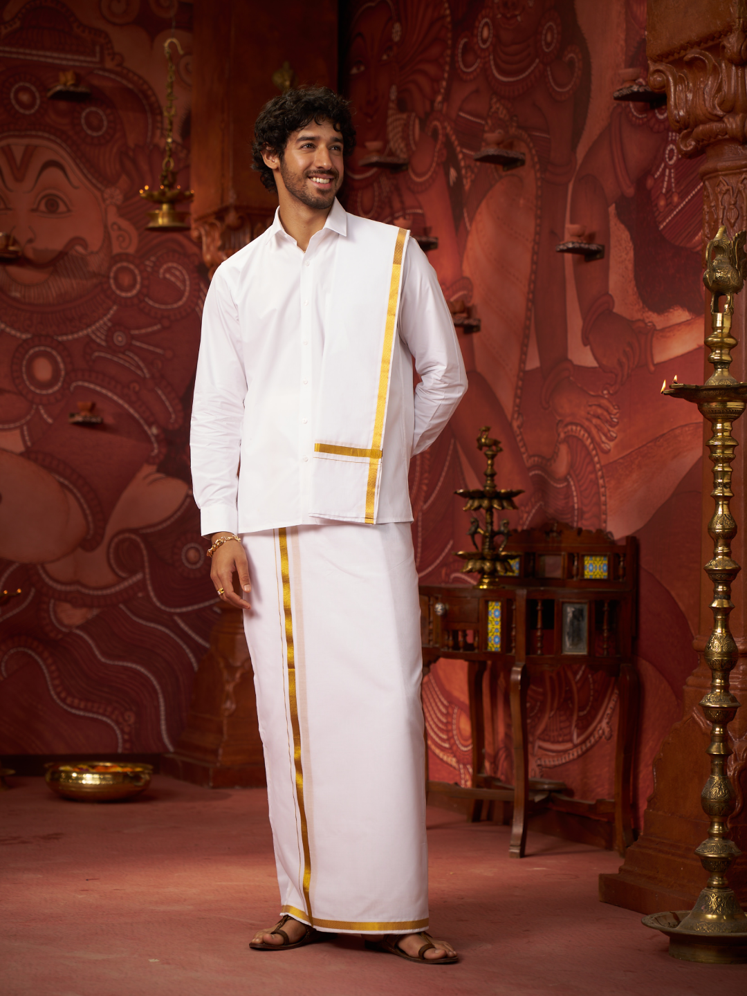 Mens Pure Cotton White Wedding Shirt Dhoti Towel Combo - Santham White