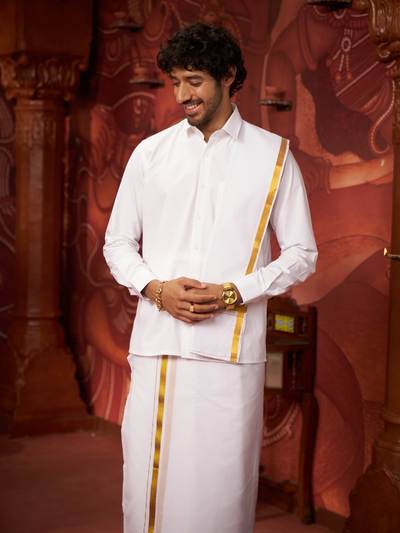 Mens Pure Cotton Wedding White Shirt with Flexi Waist Dhoti and Towel Combo - Anandham White