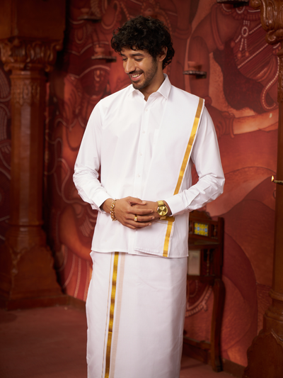 Mens Pure Cotton White Wedding Shirt Dhoti Towel Belt Combo - Vaibhav White-3 by Minister White