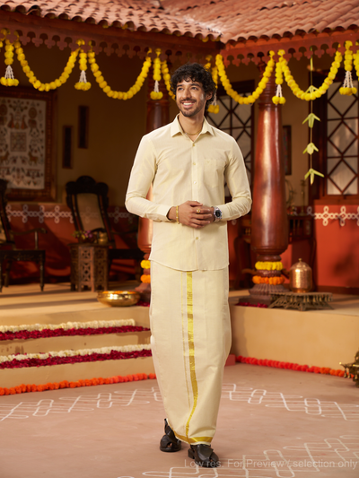 Mens Tissue Brass Colour Dhoti Shirt Wedding Combo Maverik