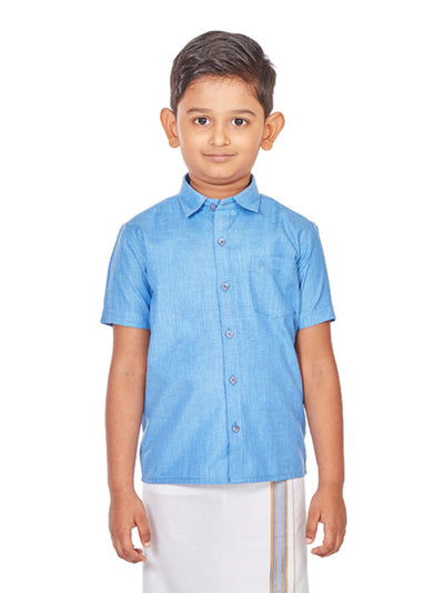 Matching Junior Senior Dupion Satin Blue Shirt with Dhoti Combo