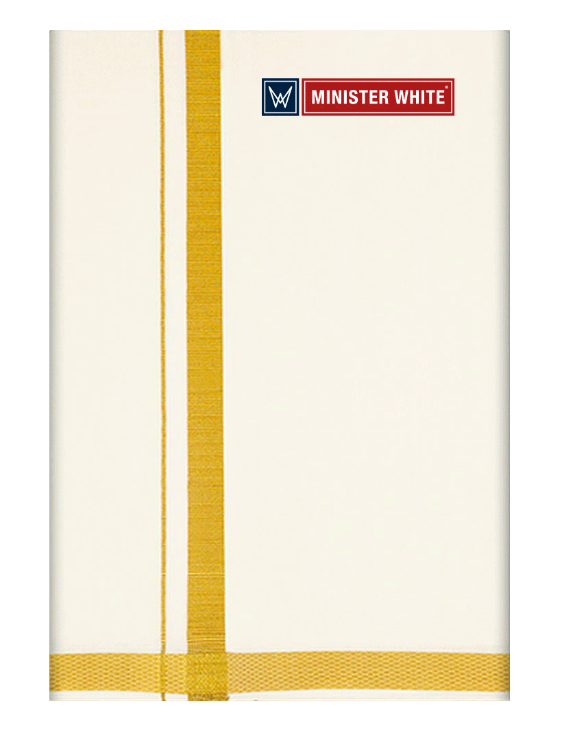 Mens Cotton Cream Double Layered Dhoti with 3/4" Gold Jari Border - Omkar by Minister White