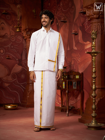 Mens Pure Cotton White Wedding Shirt Dhoti Towel Combo - Santham White by Minister White