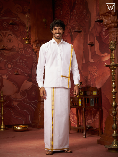 Men's Pure Cotton White Wedding Shirt Dhoti Towel Belt Combo - Subharaagam by Minister White