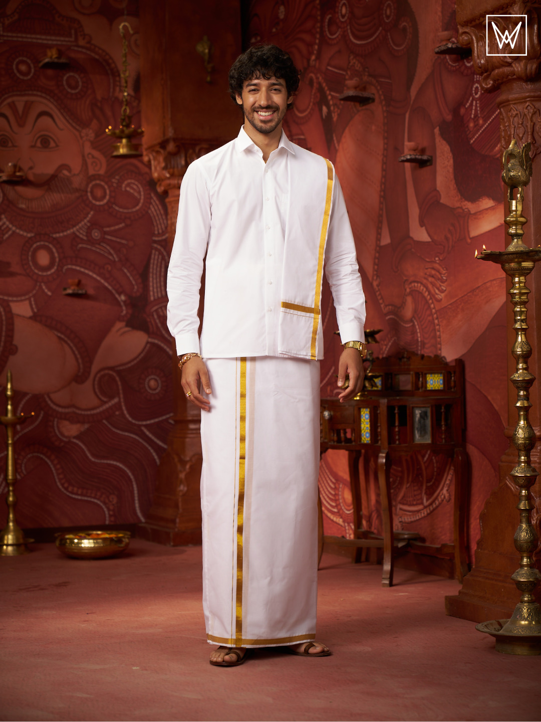 Mens Pure Cotton White Wedding Shirt Dhoti Towel Belt Combo - Vaibhav White