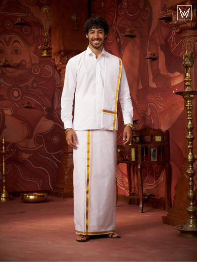 Mens Pure Cotton White Wedding Shirt Dhoti Towel Belt Combo - Vaibhav White by Minister White