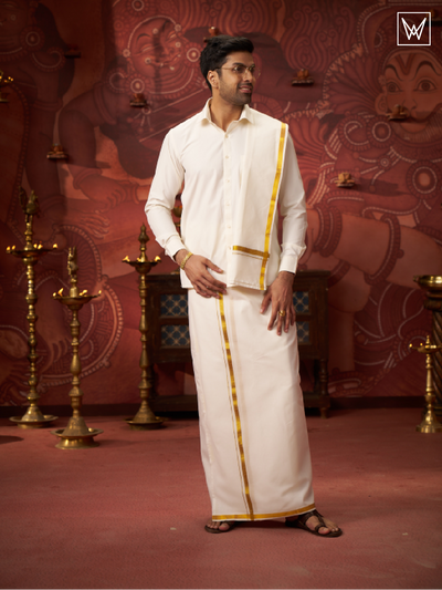 Mens Pure Cotton Wedding Cream Shirt with Flexi Waist Dhoti and Towel Combo by Minister White