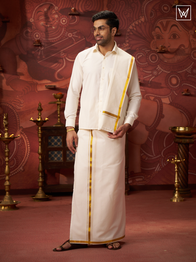 Mens Pure Cotton Wedding Cream Shirt with Flexi Waist Dhoti and Towel Combo - Anandham Cream by Minister White