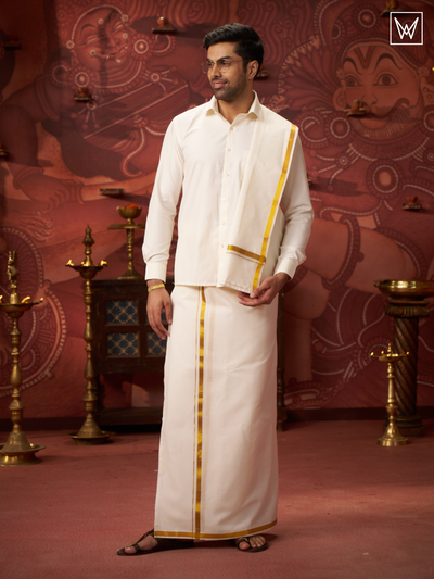 Mens Pure Cotton Wedding Cream Shirt with Flexi Waist Dhoti and Towel Combo - Anandham Cream