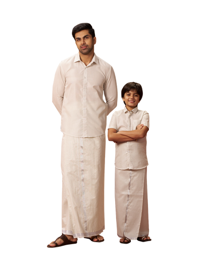 Junior Senior Silver Colour Tissue Shirt with Jari Dhoti Combo