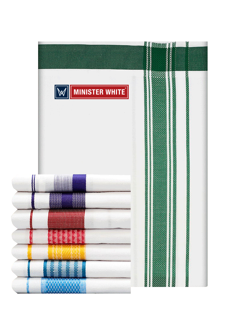 Mens Cotton White Single Layered Dhoti with Assorted Fancy Border - Skylark Mix by Minister White