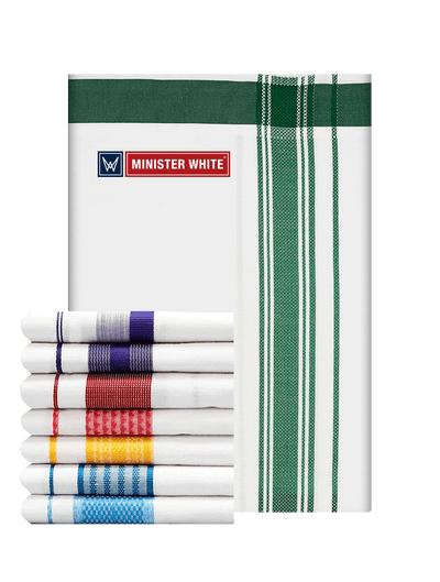 Mens Cotton White Single Layered Dhoti with Assorted Fancy Border - Skylark Mix by Minister White