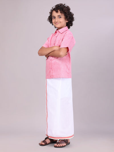Pink Colour Cotton Shirt with Matching Border Dhoti Combo for boys side pose