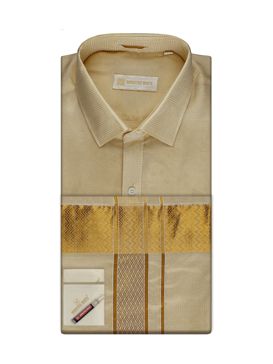 Men's Art Silk Fawn Gold Jacquard Full Sleeves Shirt with 2 1/2" Jari Border Dhoti Combo Nautica