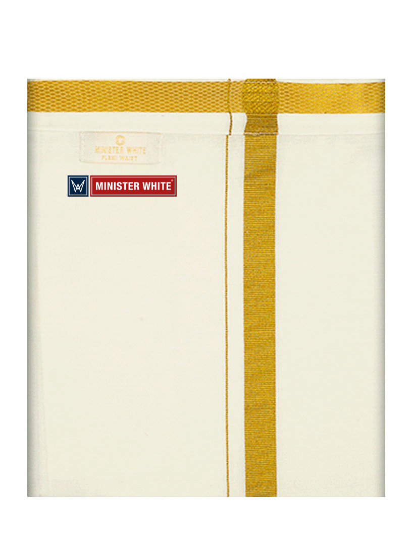 Mens Cotton Cream Colour Single Layered with Gold Jari Flexi Dhoti - Zealous Sgl by Minister White