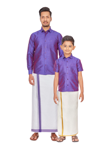 Matching Junior Senior Dupion Satin Purple Shirt with Dhoti Combo