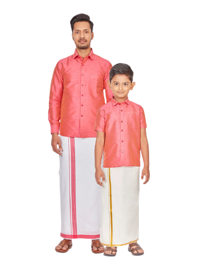 Matching Junior Senior Dupion Satin Pink Shirt with Dhoti Combo