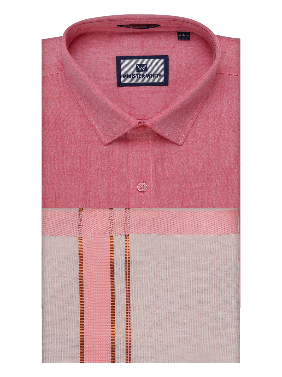 Mens Cotton Pink Shirt with Tissue Matching Border Dhoti Wedding Combo Kandala by Minister White